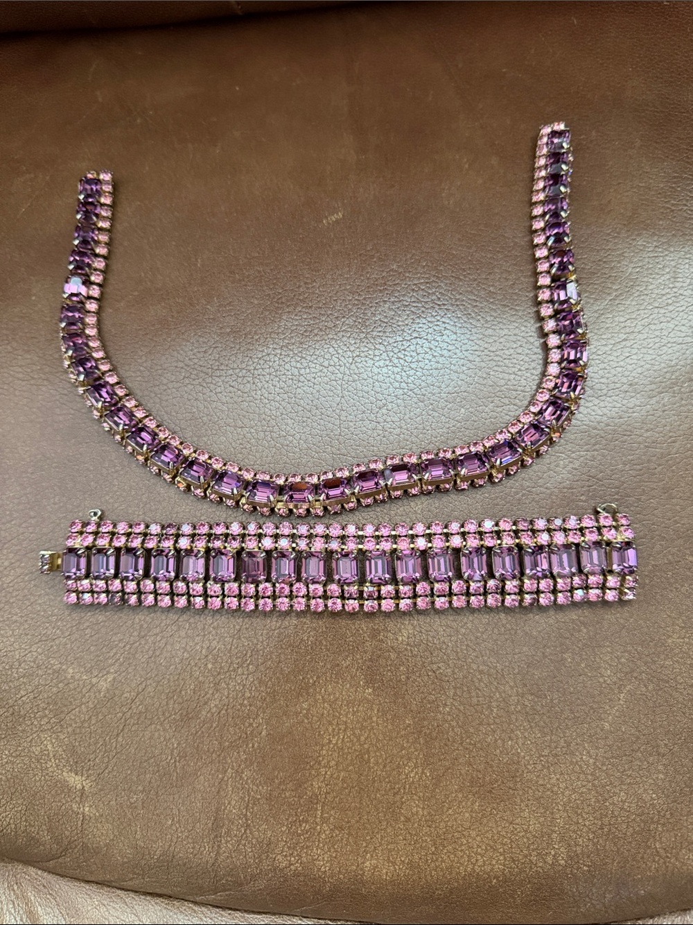Vintage Amethyst-Tone Crystal Necklace with Matching Bracelet Set